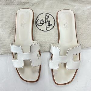 Hermes White Leather Oran Flats Sandals Sz 37.5